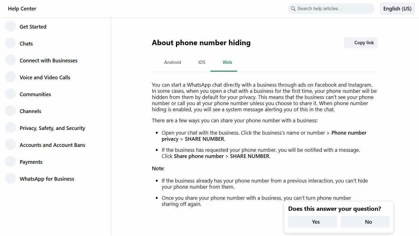 About phone number hiding WhatsApp Help Center